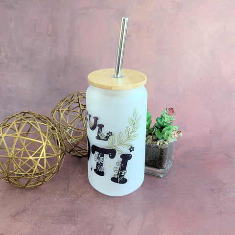 Frosted Glass Tumbler with Bamboo Lid & Straw